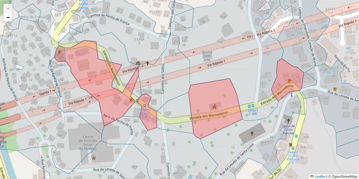 Mapa detalhado do código postal 9050-216 com limites, códigos postais vizinhos e agências dos correios