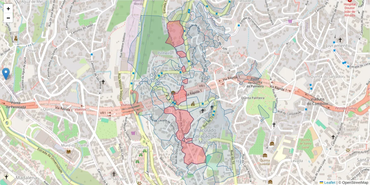 Mapa detalhado do código postal 9050-219 com limites, códigos postais vizinhos e agências dos correios