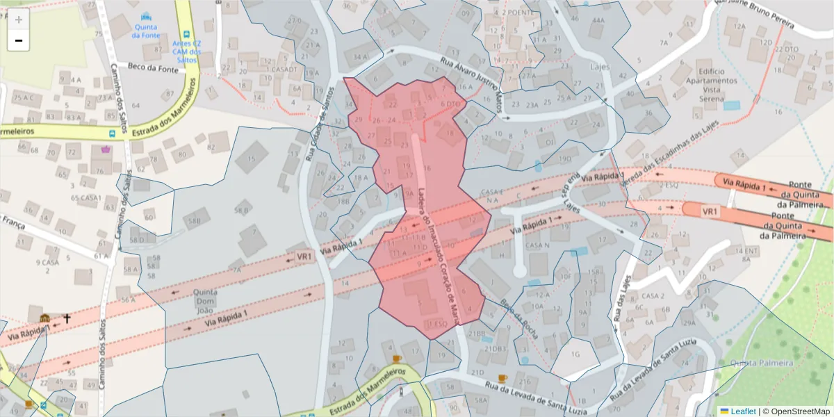 Mapa detalhado do código postal 9050-221 com limites, códigos postais vizinhos e agências dos correios