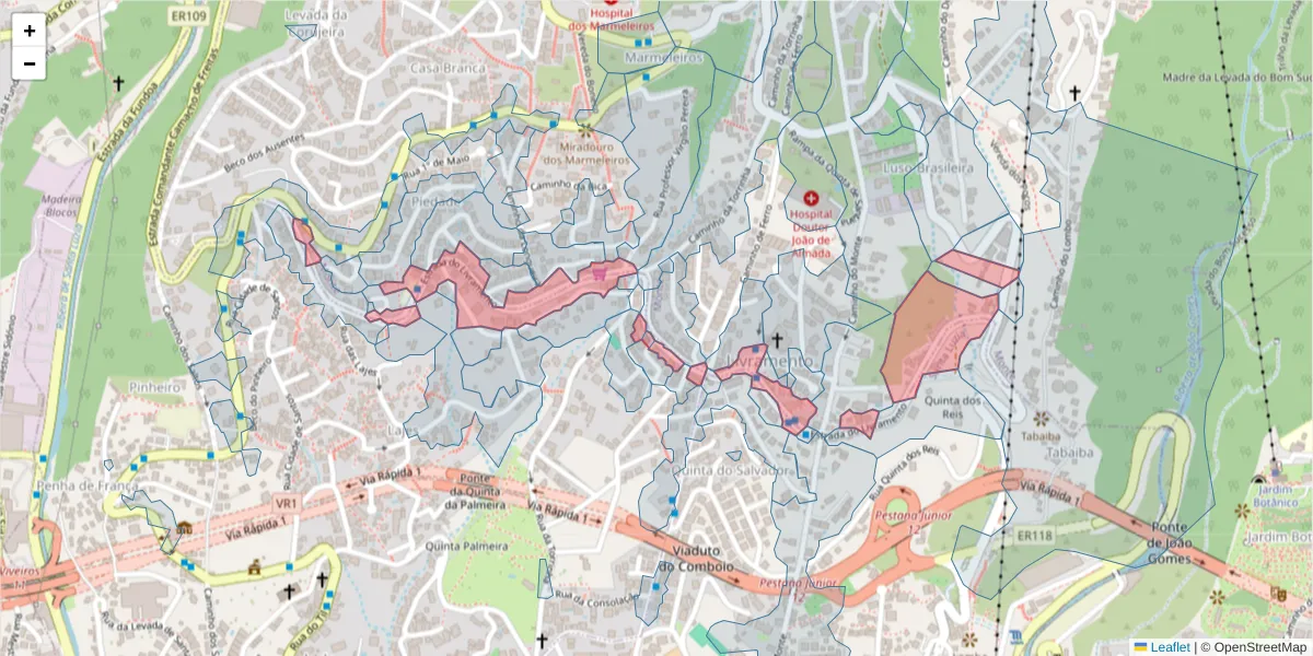 Mapa detalhado do código postal 9050-231 com limites, códigos postais vizinhos e agências dos correios
