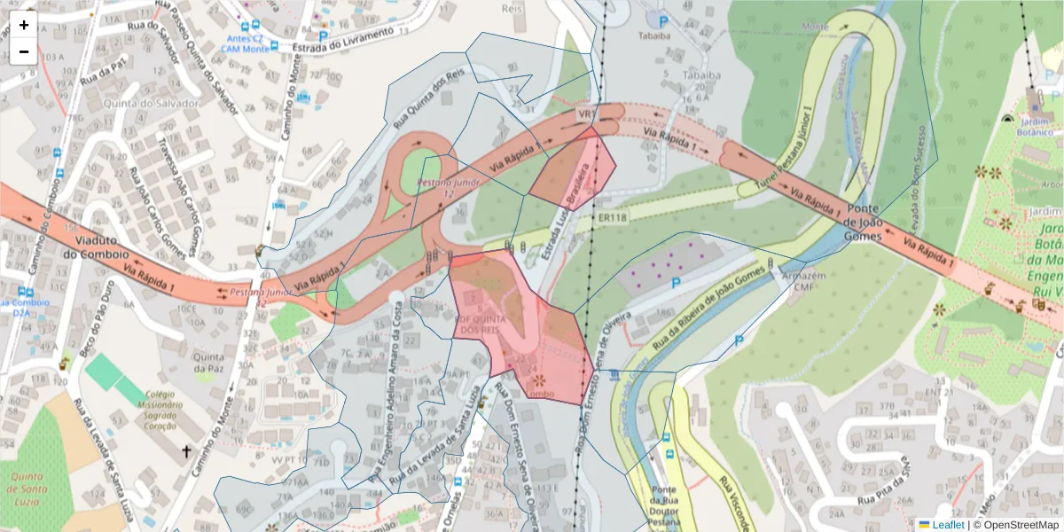 Mapa detalhado do código postal 9050-290 com limites, códigos postais vizinhos e agências dos correios