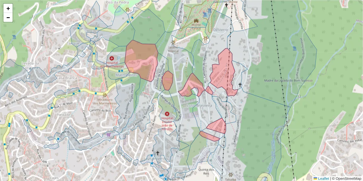 Mapa detalhado do código postal 9050-294 com limites, códigos postais vizinhos e agências dos correios