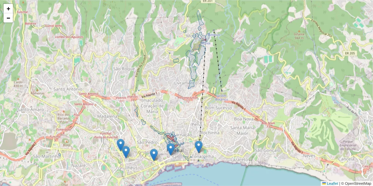 Mapa detalhado do código postal 9050-401 com limites, códigos postais vizinhos e agências dos correios
