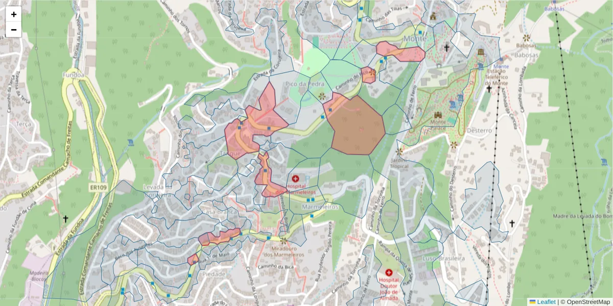 Mapa detalhado do código postal 9050-406 com limites, códigos postais vizinhos e agências dos correios