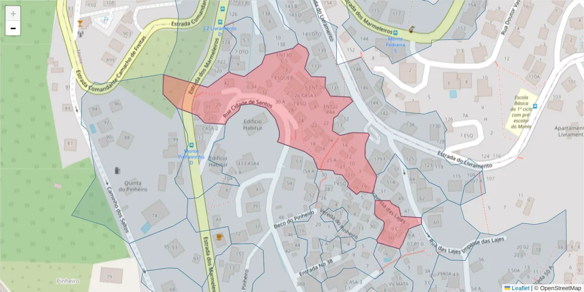 Mapa detalhado do código postal 9050-409 com limites, códigos postais vizinhos e agências dos correios