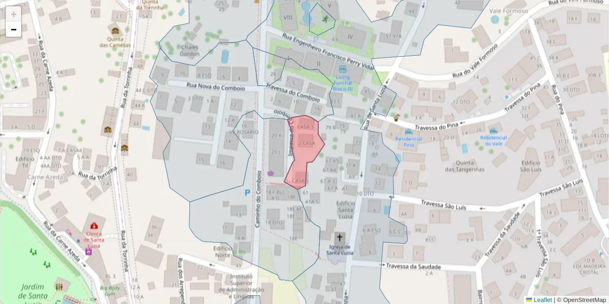 Mapa detalhado do código postal 9050-414 com limites, códigos postais vizinhos e agências dos correios
