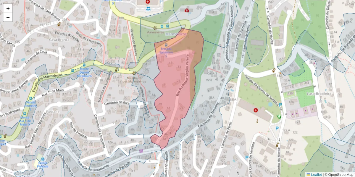 Mapa detalhado do código postal 9050-423 com limites, códigos postais vizinhos e agências dos correios