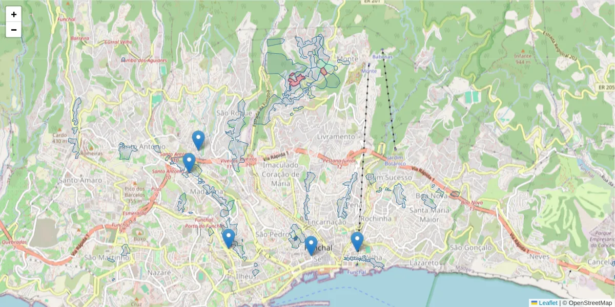 Mapa detalhado do código postal 9050-427 com limites, códigos postais vizinhos e agências dos correios
