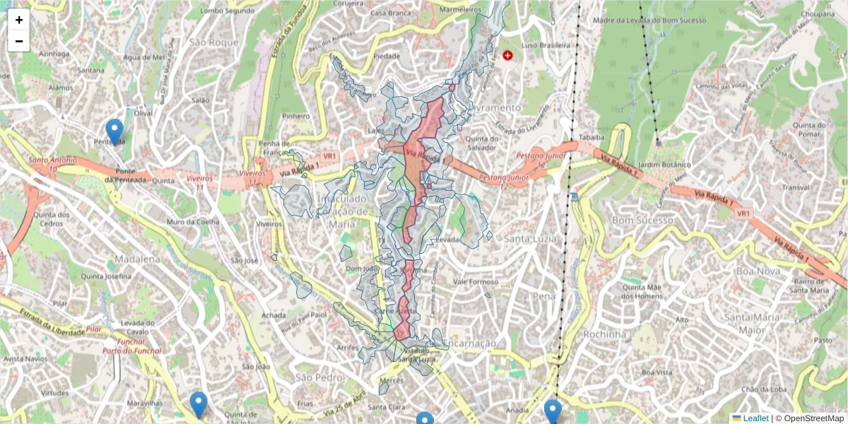 Mapa detalhado do código postal 9050-429 com limites, códigos postais vizinhos e agências dos correios