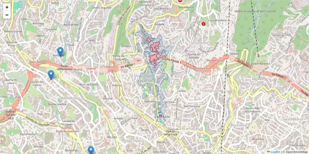 Mapa detalhado do código postal 9050-442 com limites, códigos postais vizinhos e agências dos correios