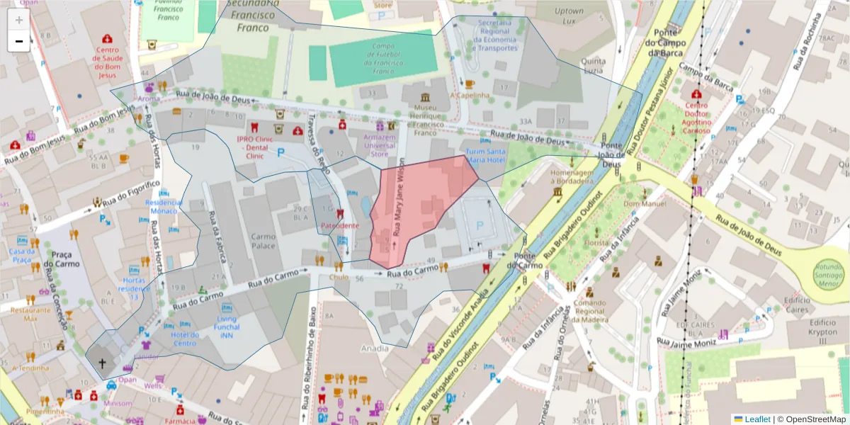 Mapa detalhado do código postal 9050-446 com limites, códigos postais vizinhos e agências dos correios