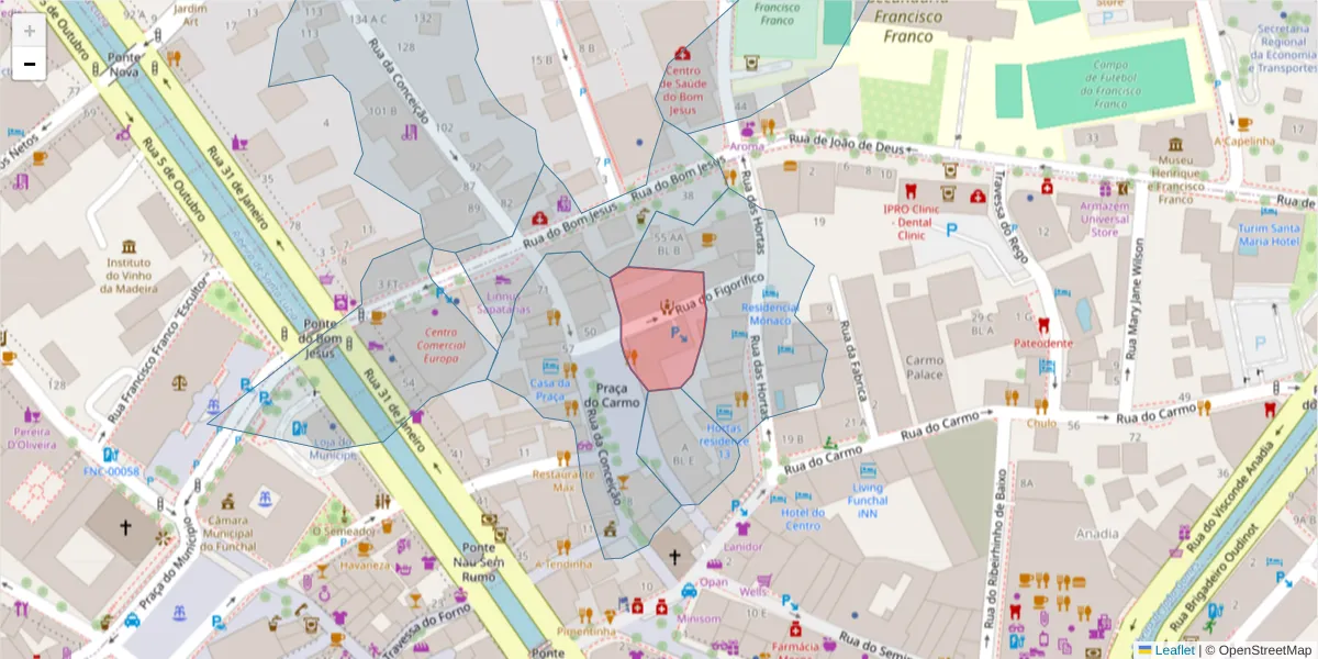 Mapa detalhado do código postal 9050-448 com limites, códigos postais vizinhos e agências dos correios