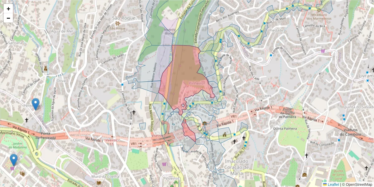 Mapa detalhado do código postal 9050-476 com limites, códigos postais vizinhos e agências dos correios
