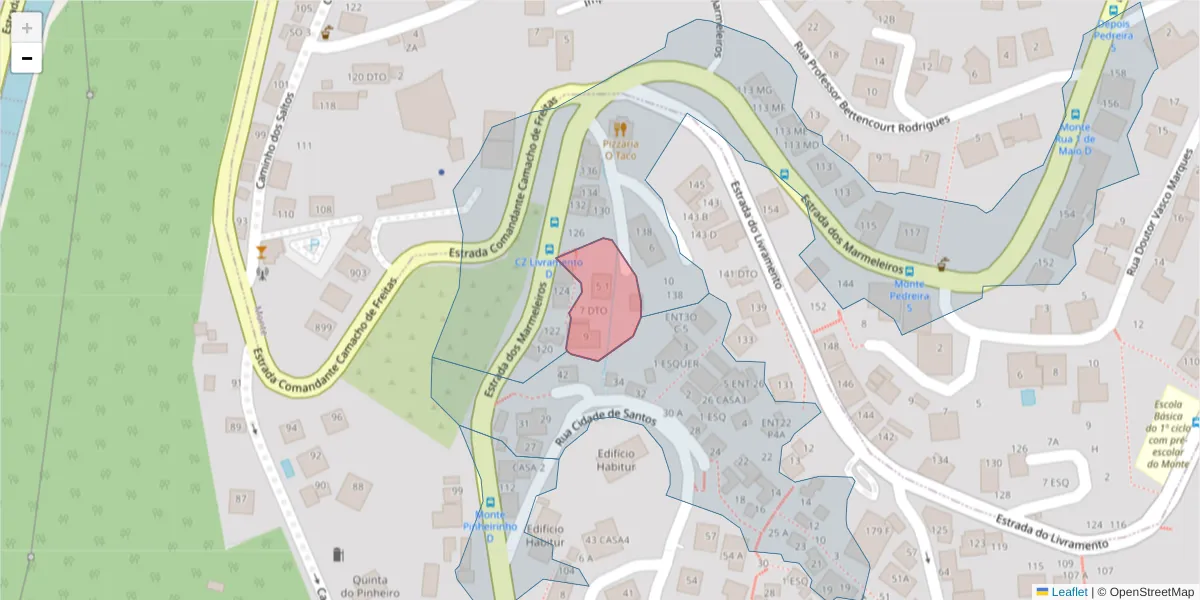 Mapa detalhado do código postal 9050-481 com limites, códigos postais vizinhos e agências dos correios