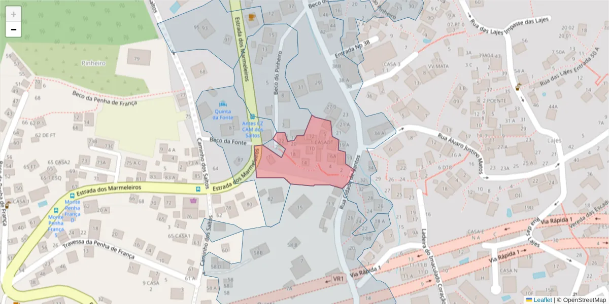 Mapa detalhado do código postal 9050-487 com limites, códigos postais vizinhos e agências dos correios