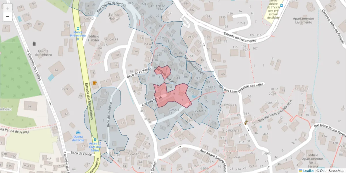 Mapa detalhado do código postal 9050-492 com limites, códigos postais vizinhos e agências dos correios