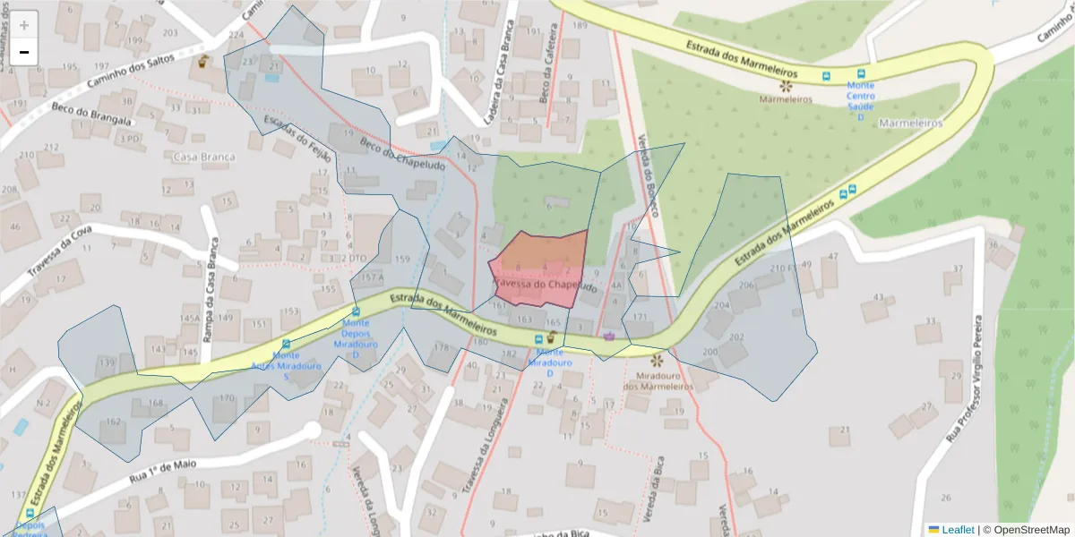 Mapa detalhado do código postal 9050-497 com limites, códigos postais vizinhos e agências dos correios