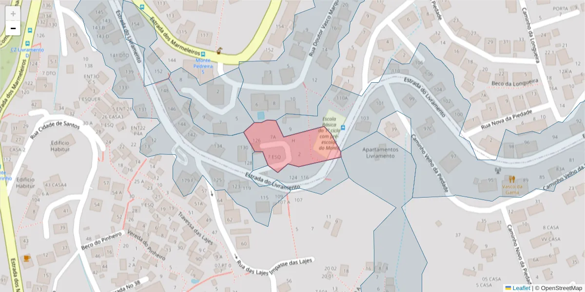Mapa detalhado do código postal 9050-506 com limites, códigos postais vizinhos e agências dos correios