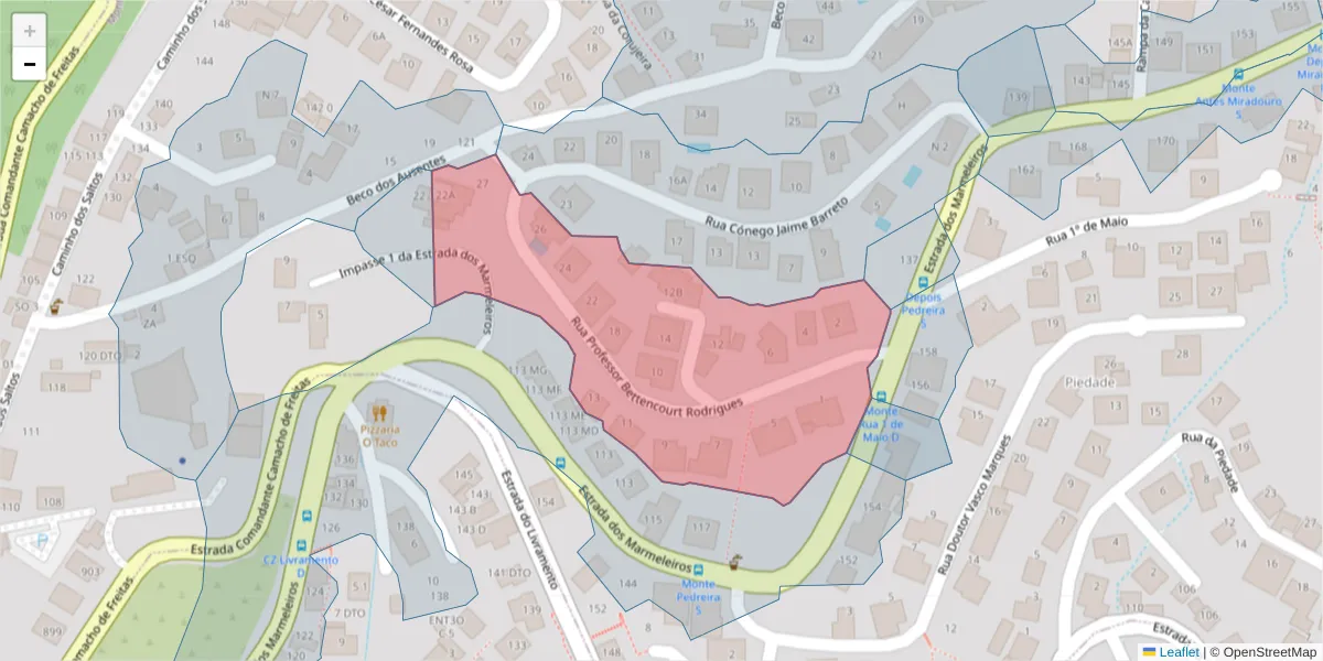 Mapa detalhado do código postal 9050-510 com limites, códigos postais vizinhos e agências dos correios