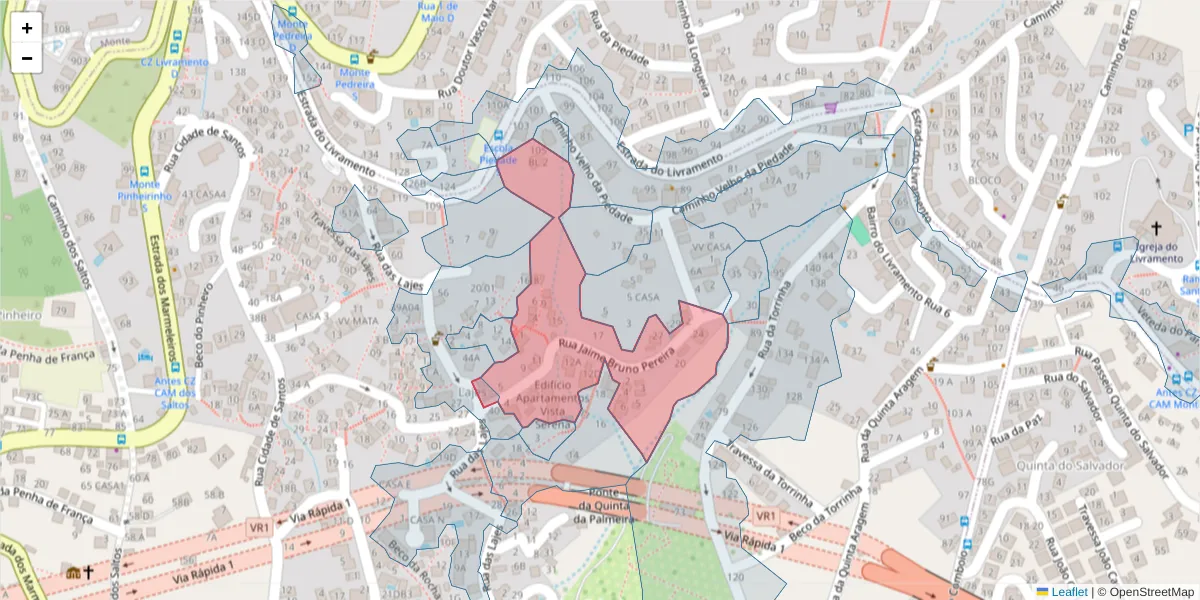 Mapa detalhado do código postal 9050-521 com limites, códigos postais vizinhos e agências dos correios