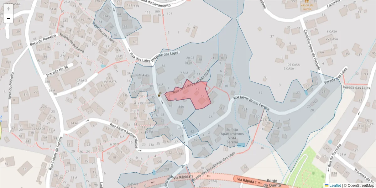 Mapa detalhado do código postal 9050-522 com limites, códigos postais vizinhos e agências dos correios