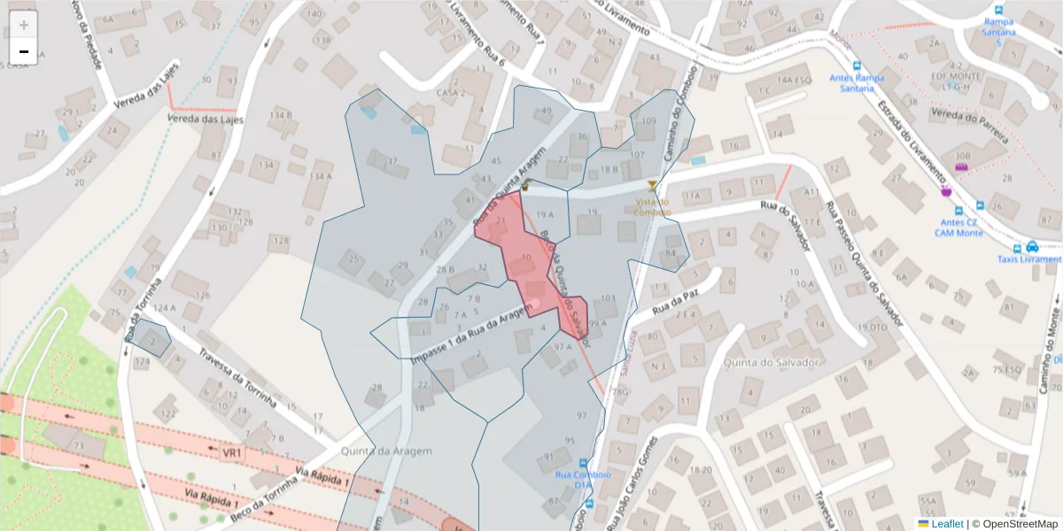Mapa detalhado do código postal 9050-528 com limites, códigos postais vizinhos e agências dos correios