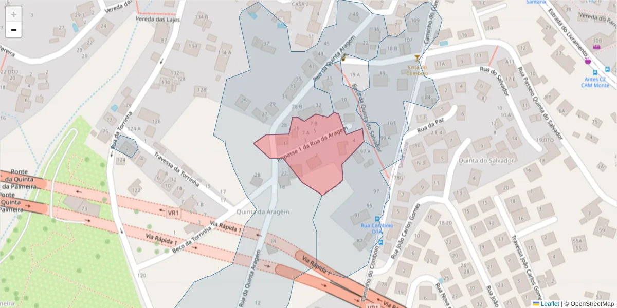 Mapa detalhado do código postal 9050-529 com limites, códigos postais vizinhos e agências dos correios