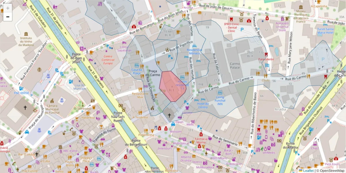 Mapa detalhado do código postal 9050-555 com limites, códigos postais vizinhos e agências dos correios
