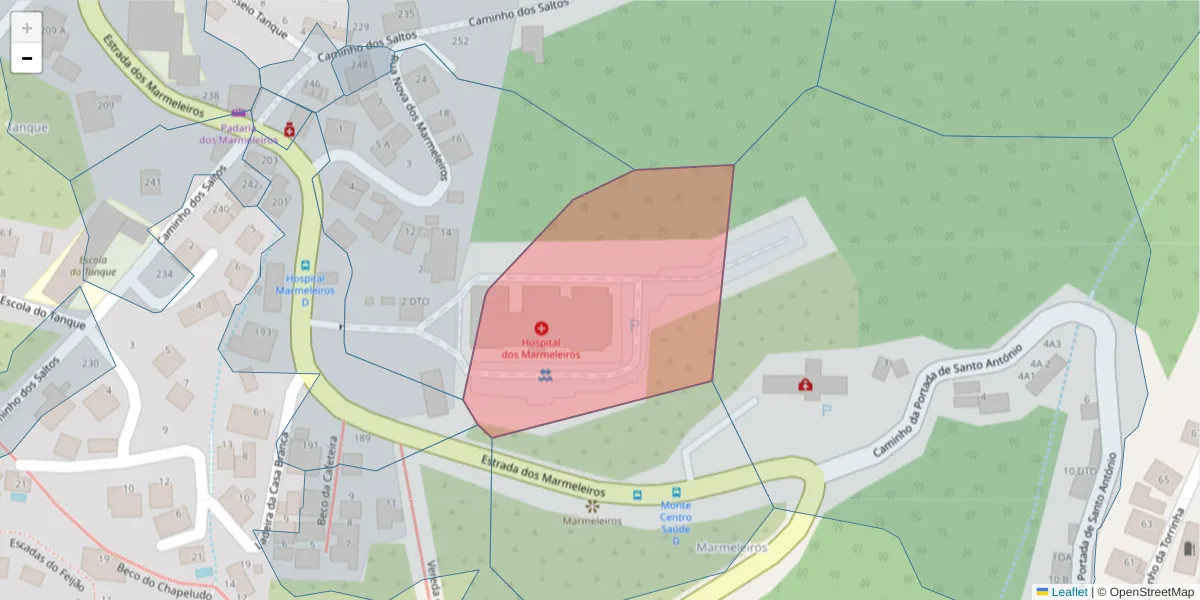 Mapa detalhado do código postal 9054-535 com limites, códigos postais vizinhos e agências dos correios
