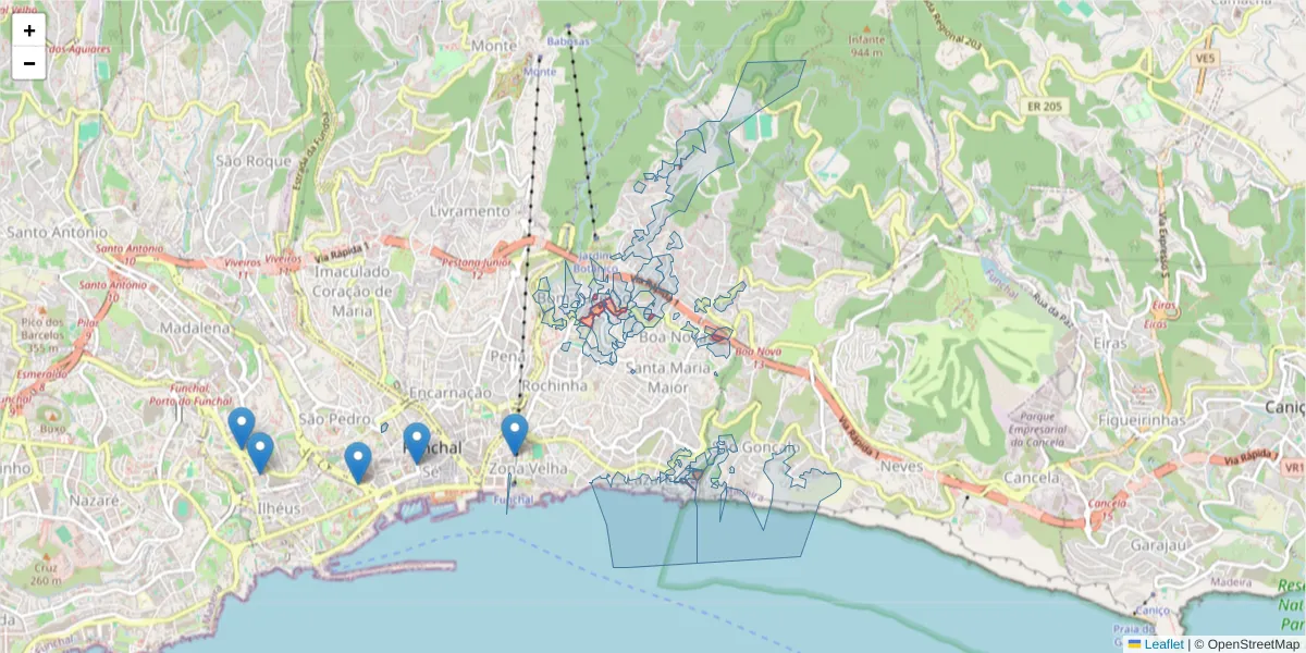 Mapa detalhado do código postal 9060-001 com limites, códigos postais vizinhos e agências dos correios