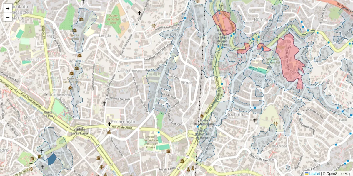 Mapa detalhado do código postal 9060-007 com limites, códigos postais vizinhos e agências dos correios