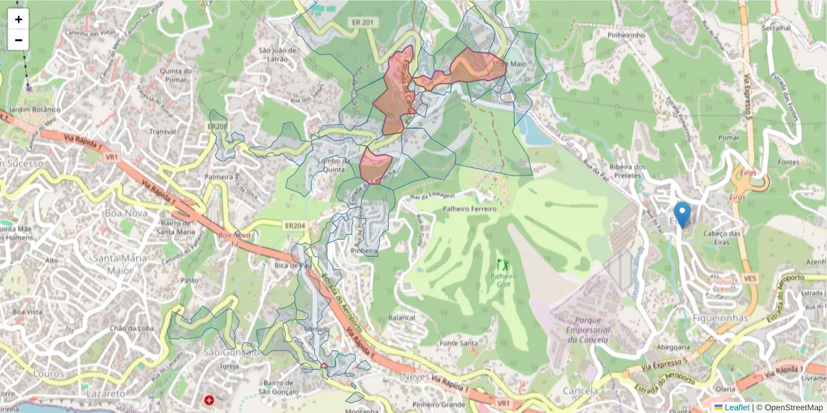 Mapa detalhado do código postal 9060-010 com limites, códigos postais vizinhos e agências dos correios