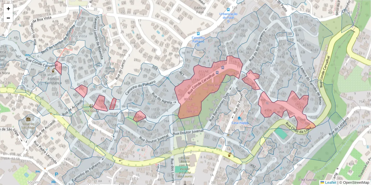 Mapa detalhado do código postal 9060-012 com limites, códigos postais vizinhos e agências dos correios