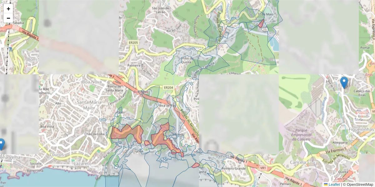 Mapa detalhado do código postal 9060-014 com limites, códigos postais vizinhos e agências dos correios