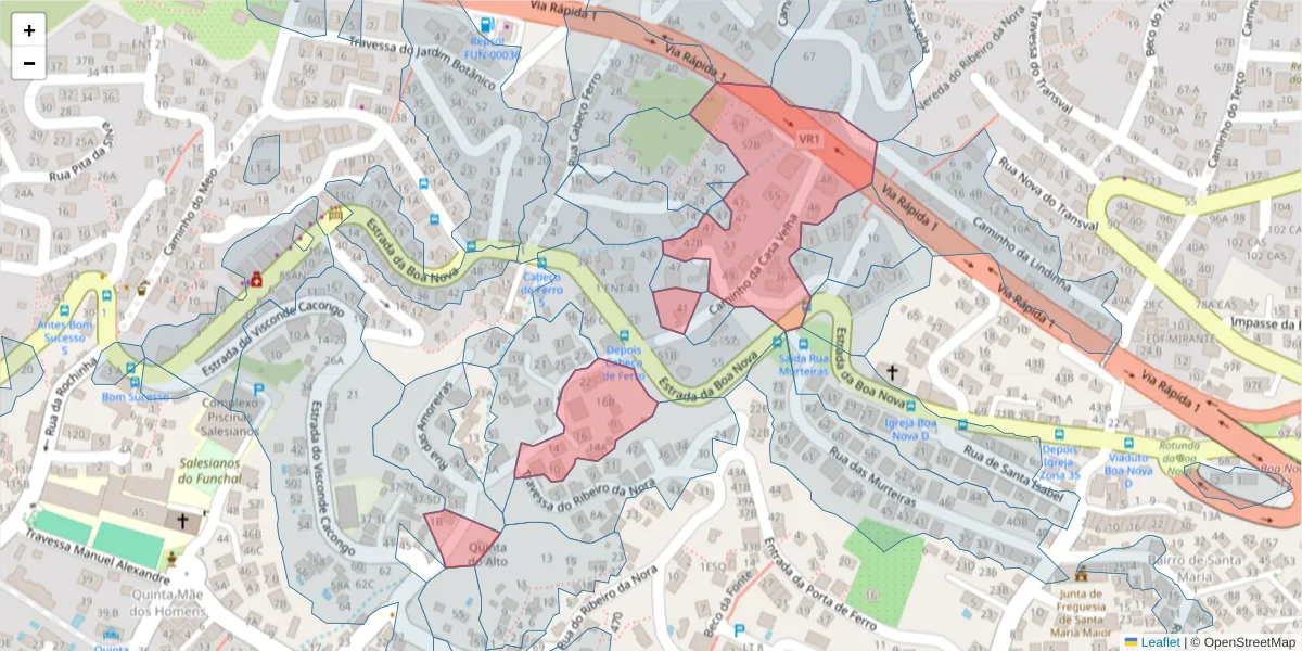 Mapa detalhado do código postal 9060-015 com limites, códigos postais vizinhos e agências dos correios