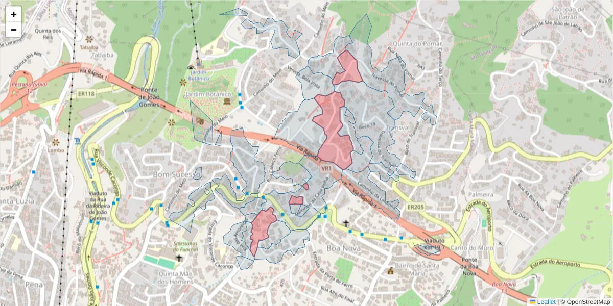 Mapa detalhado do código postal 9060-016 com limites, códigos postais vizinhos e agências dos correios