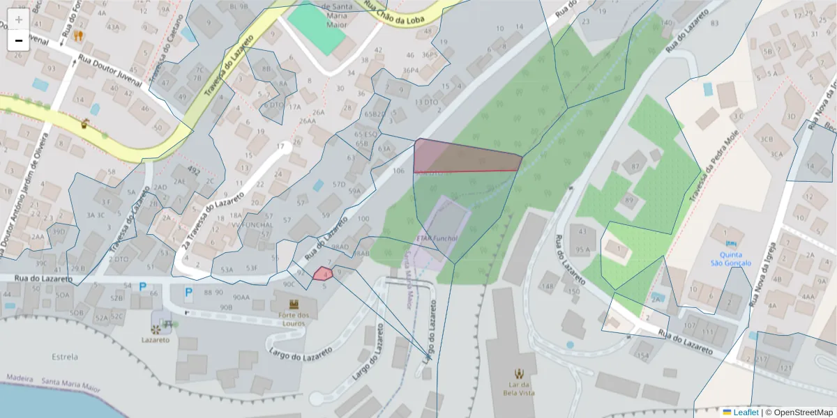 Mapa detalhado do código postal 9060-020 com limites, códigos postais vizinhos e agências dos correios