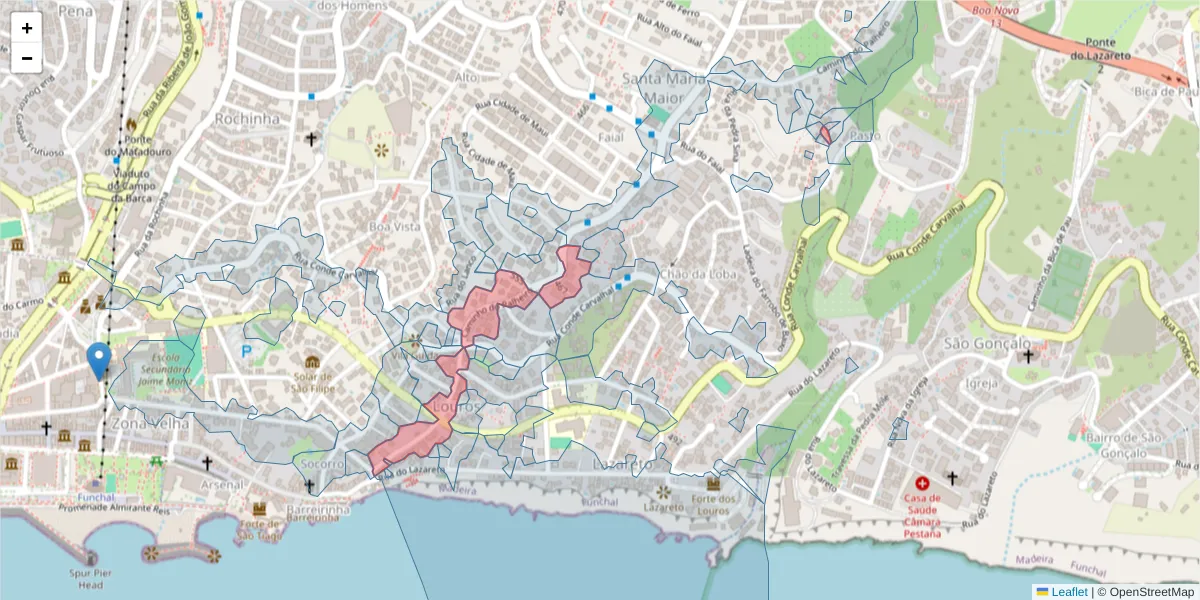 Mapa detalhado do código postal 9060-022 com limites, códigos postais vizinhos e agências dos correios
