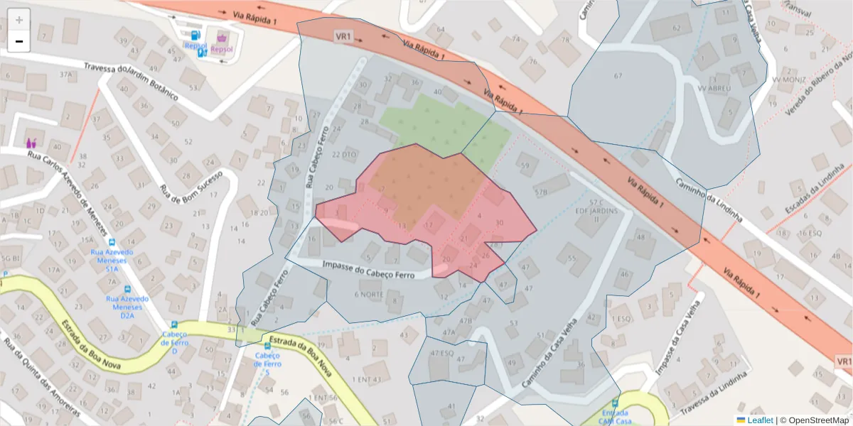 Mapa detalhado do código postal 9060-032 com limites, códigos postais vizinhos e agências dos correios