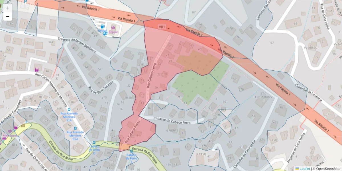 Mapa detalhado do código postal 9060-034 com limites, códigos postais vizinhos e agências dos correios