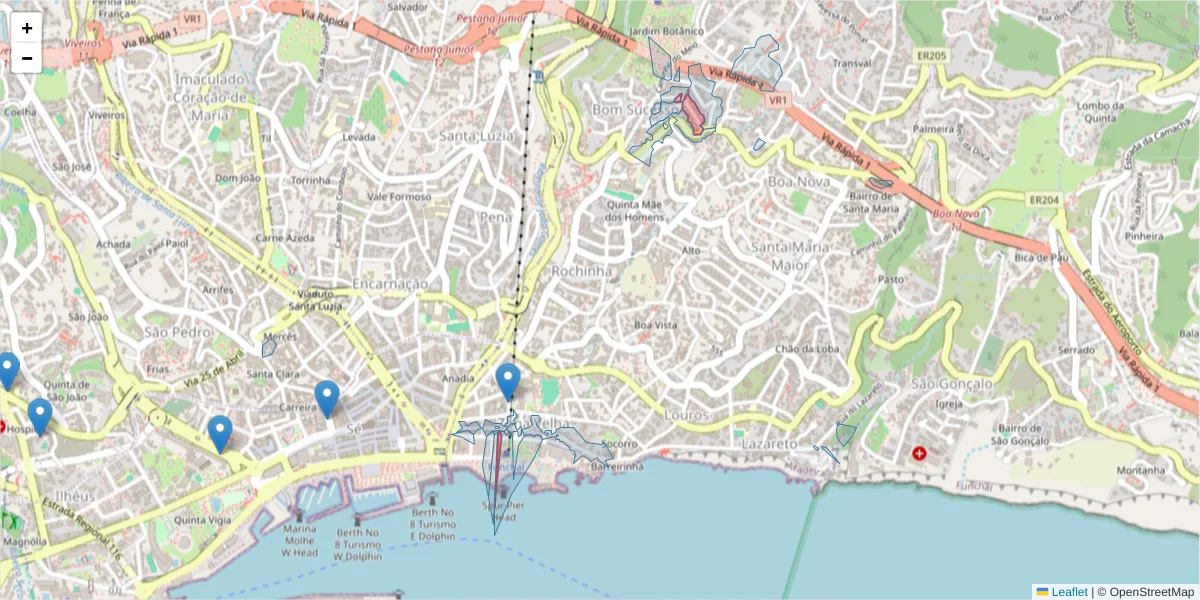 Mapa detalhado do código postal 9060-050 com limites, códigos postais vizinhos e agências dos correios