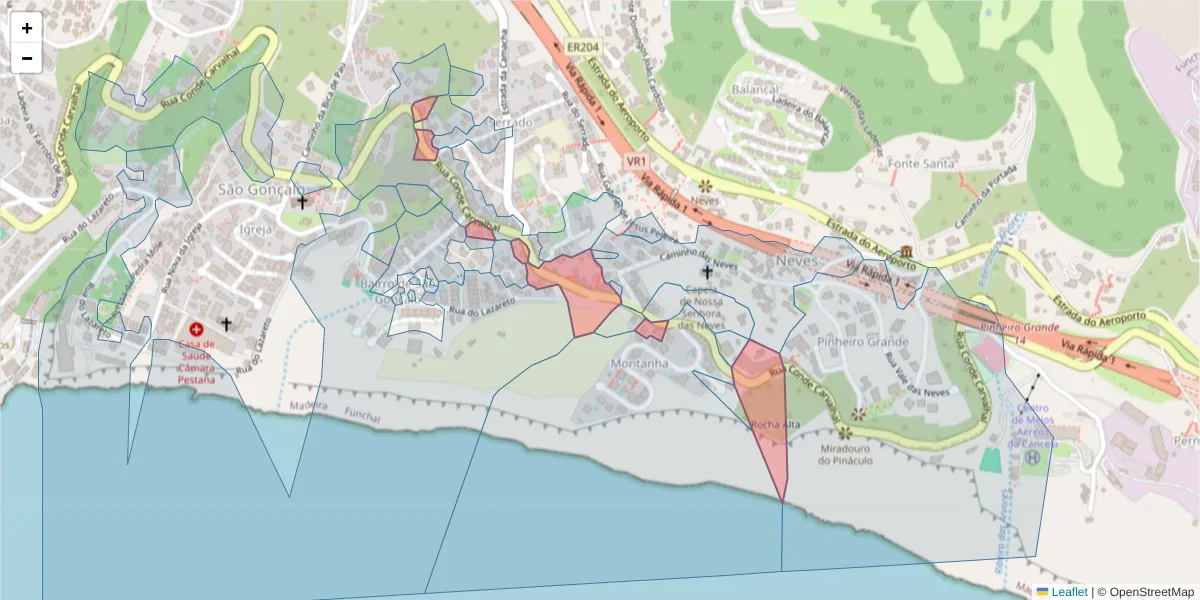 Mapa detalhado do código postal 9060-054 com limites, códigos postais vizinhos e agências dos correios