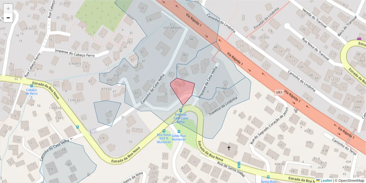 Mapa detalhado do código postal 9060-061 com limites, códigos postais vizinhos e agências dos correios