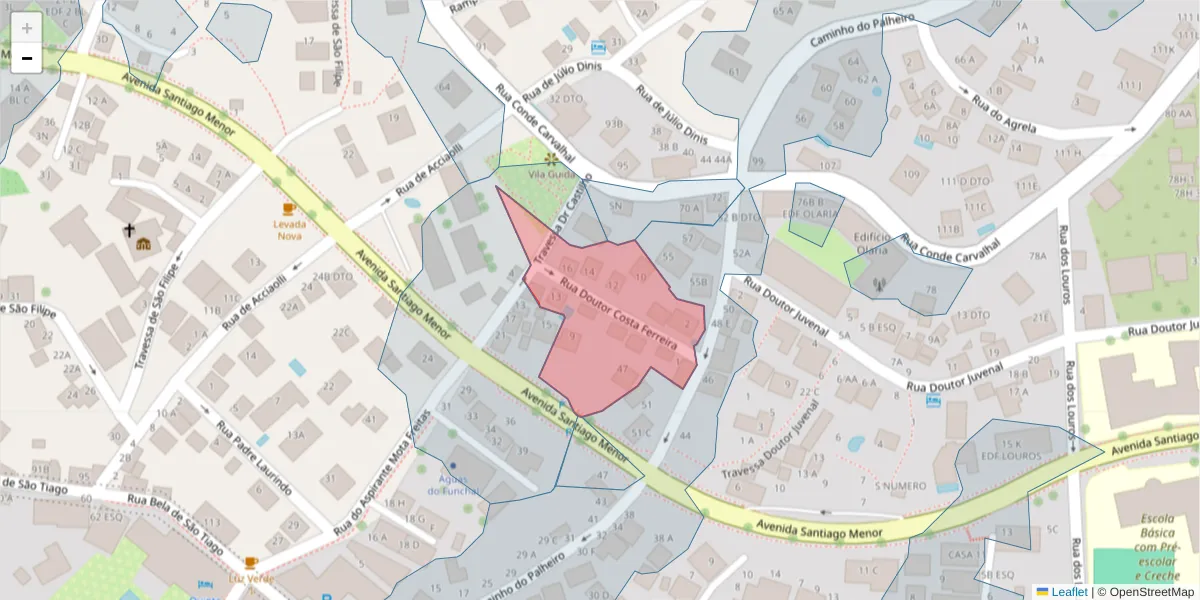 Mapa detalhado do código postal 9060-077 com limites, códigos postais vizinhos e agências dos correios
