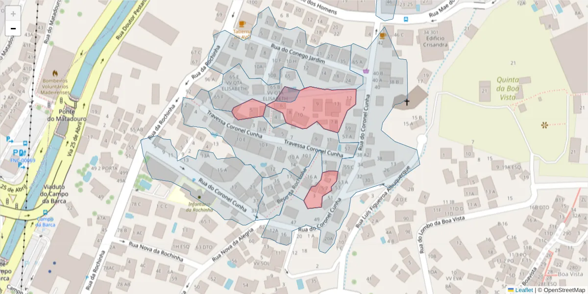Mapa detalhado do código postal 9060-084 com limites, códigos postais vizinhos e agências dos correios