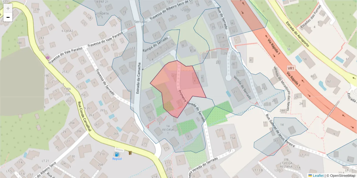Mapa detalhado do código postal 9060-104 com limites, códigos postais vizinhos e agências dos correios
