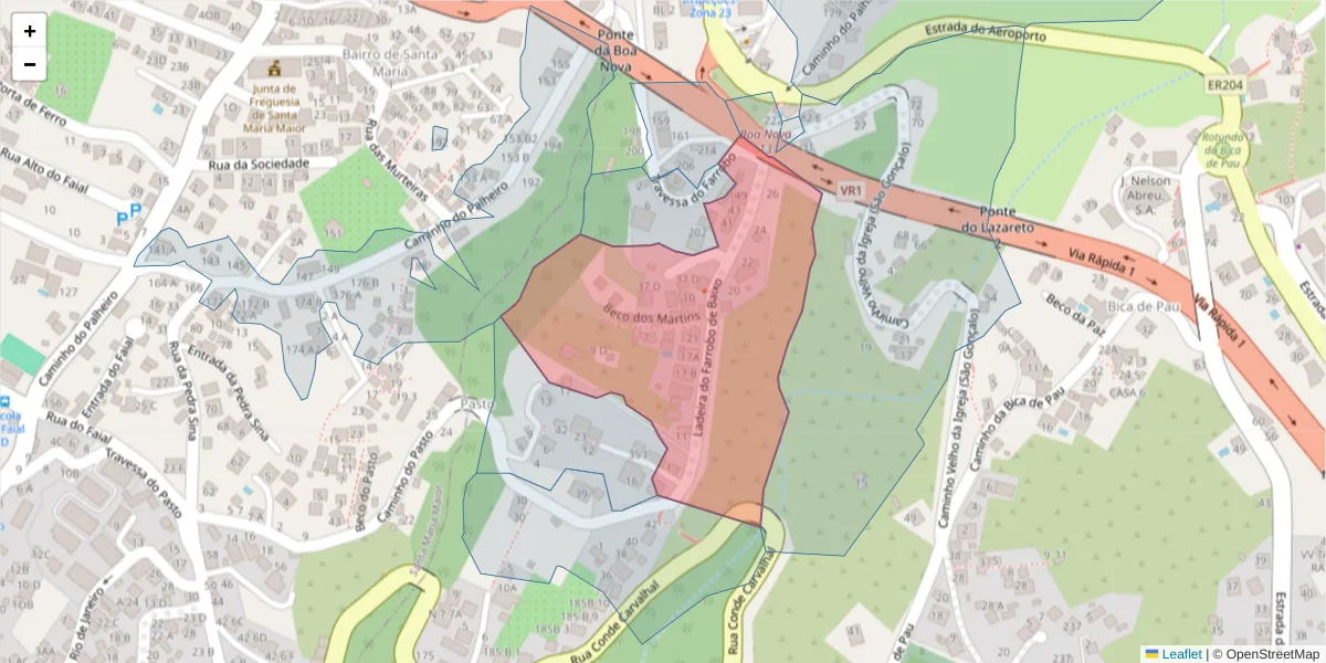 Mapa detalhado do código postal 9060-105 com limites, códigos postais vizinhos e agências dos correios