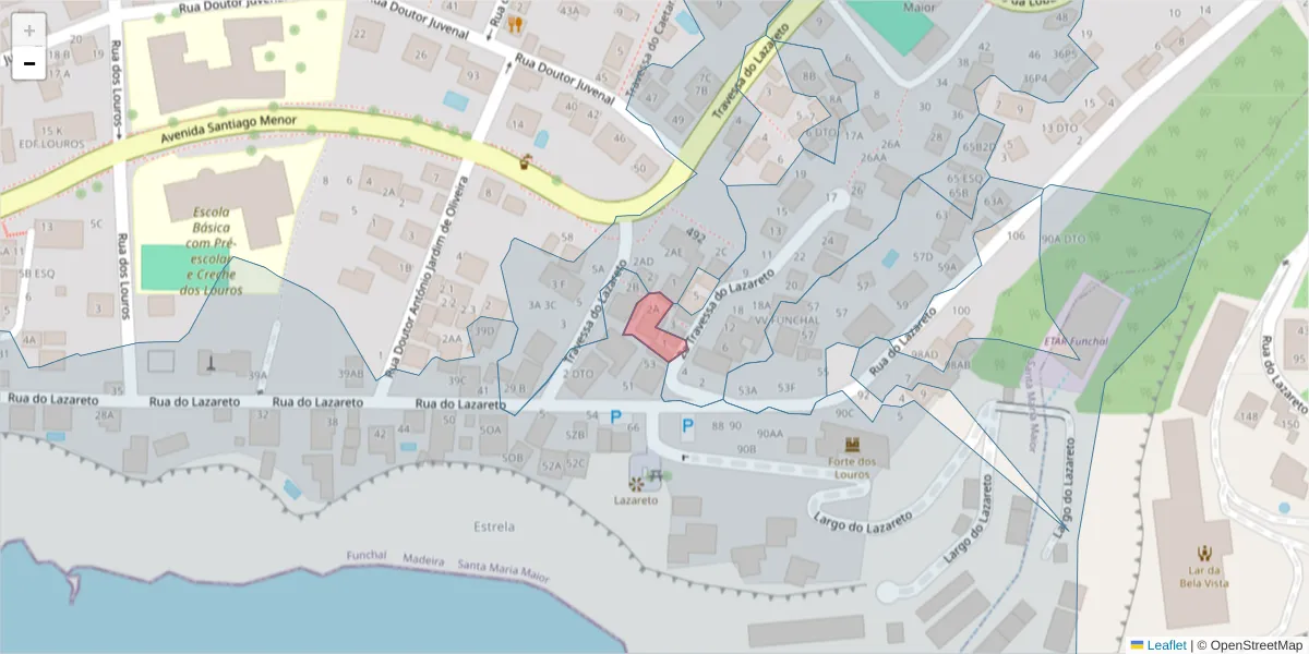 Mapa detalhado do código postal 9060-121 com limites, códigos postais vizinhos e agências dos correios