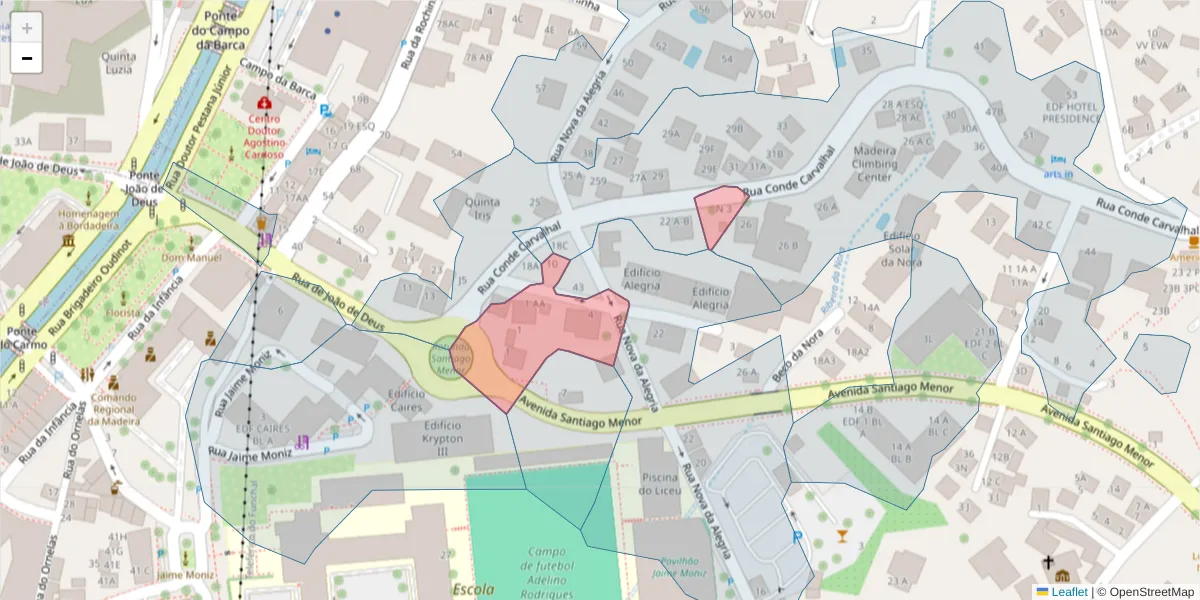 Mapa detalhado do código postal 9060-126 com limites, códigos postais vizinhos e agências dos correios