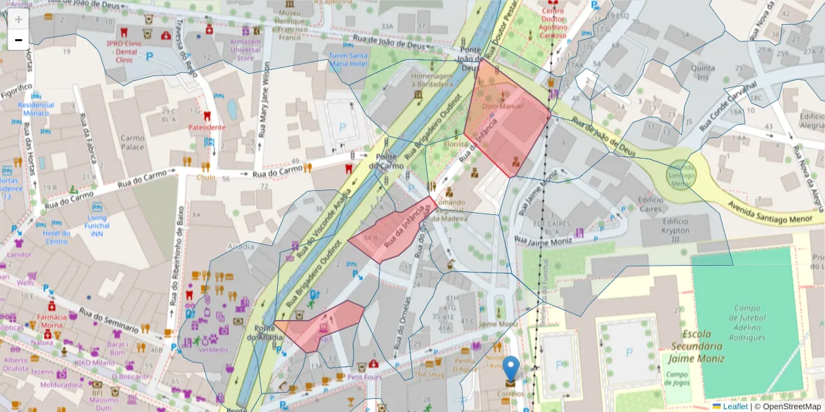 Mapa detalhado do código postal 9060-131 com limites, códigos postais vizinhos e agências dos correios